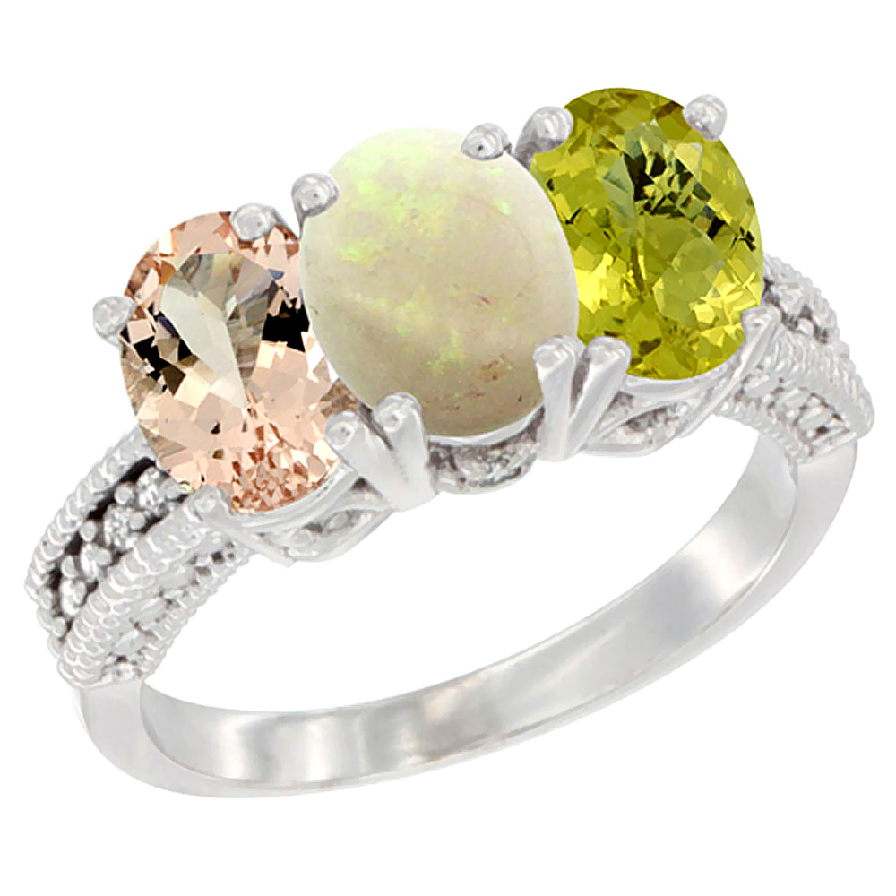 10K White Gold Natural Morganite, Opal &amp; Lemon Quartz Ring 3-Stone Oval 7x5 mm Diamond Accent, sizes 5 - 10