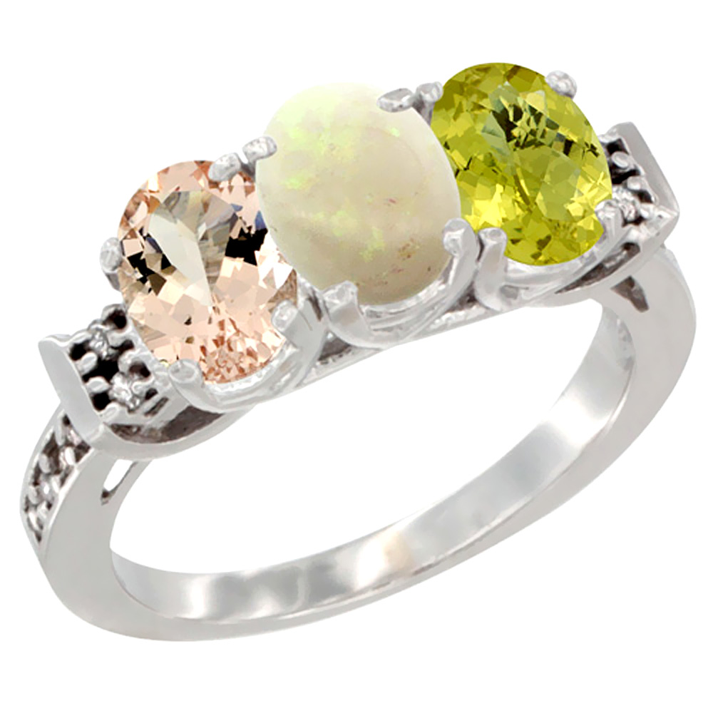 10K White Gold Natural Morganite, Opal & Lemon Quartz Ring 3-Stone Oval 7x5 mm Diamond Accent, sizes 5 - 10