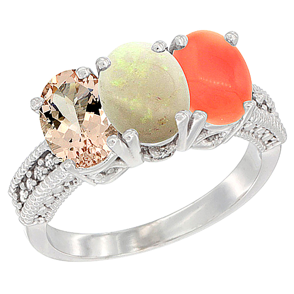 14K White Gold Natural Morganite, Opal & Coral Ring 3-Stone Oval 7x5 mm Diamond Accent, sizes 5 - 10