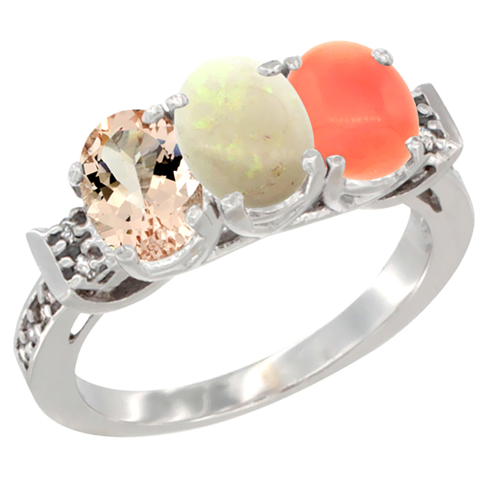 10K White Gold Natural Morganite, Opal & Coral Ring 3-Stone Oval 7x5 mm Diamond Accent, sizes 5 - 10
