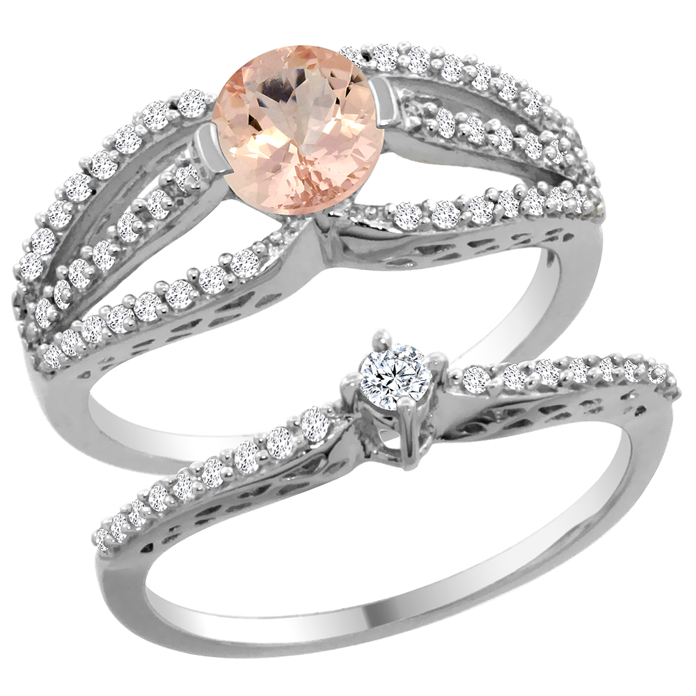 14K White Gold Natural Morganite 2-piece Engagement Ring Set Round 5mm, sizes 5 - 10