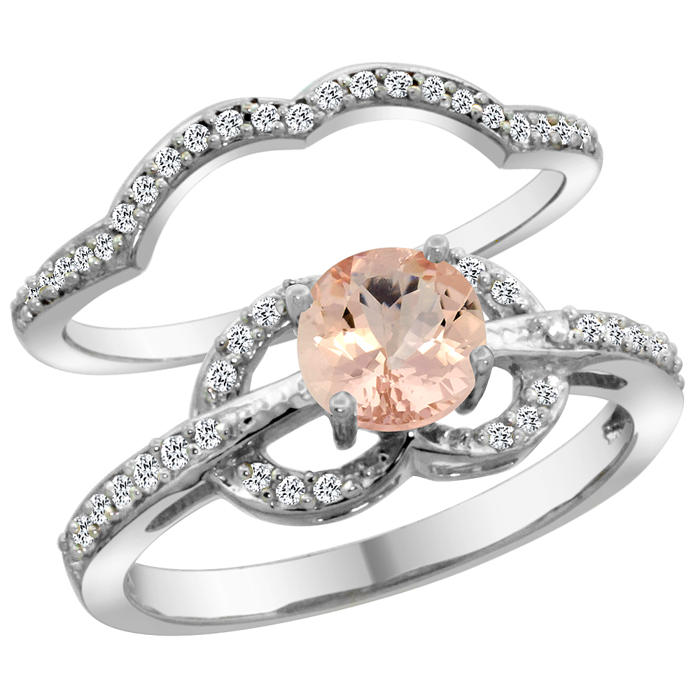 14K White Gold Natural Morganite 2-piece Engagement Ring Set Round 6mm, sizes 5 - 10