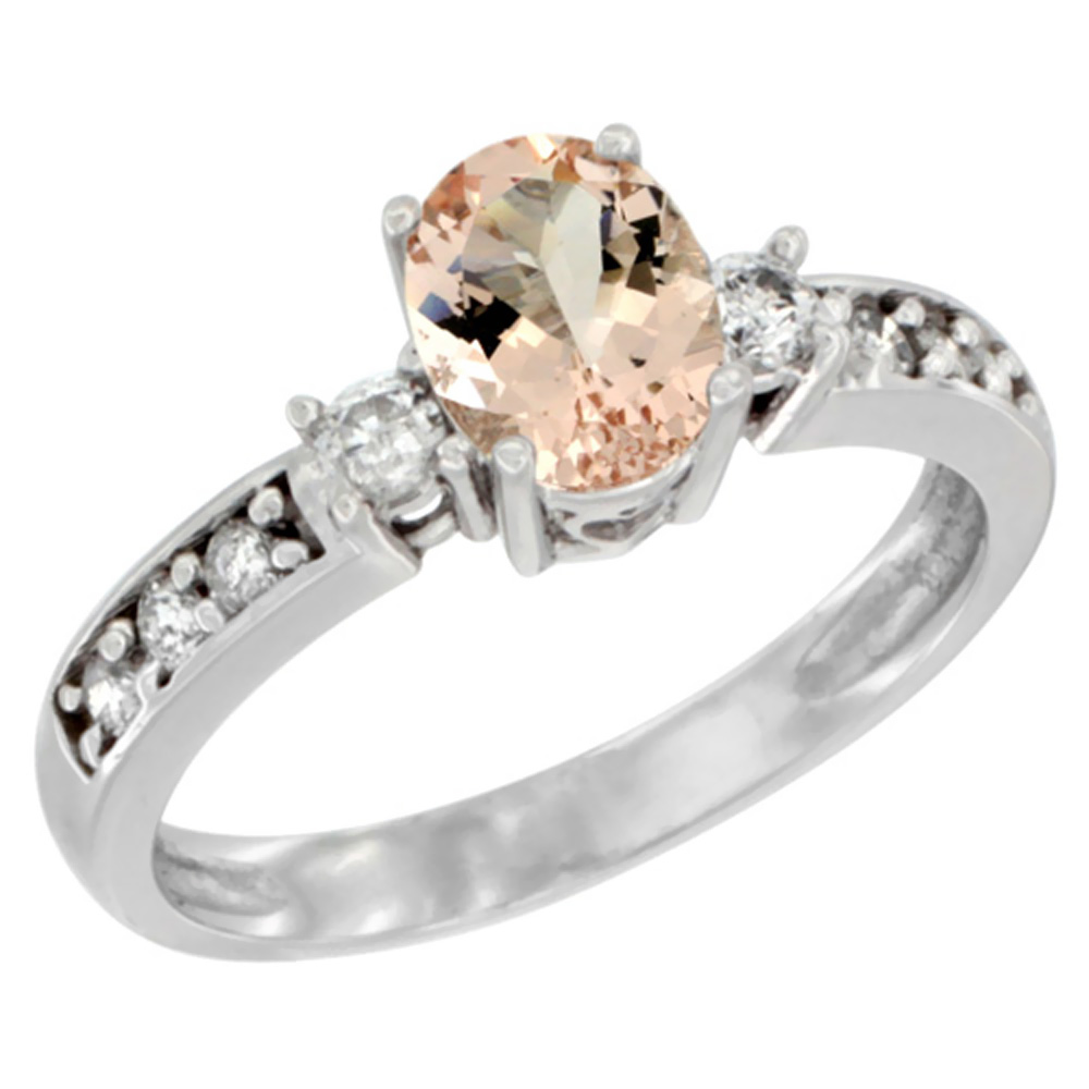 10k White Gold Natural Morganite Ring Oval 7x5 mm Diamond Accent, sizes 5 - 10