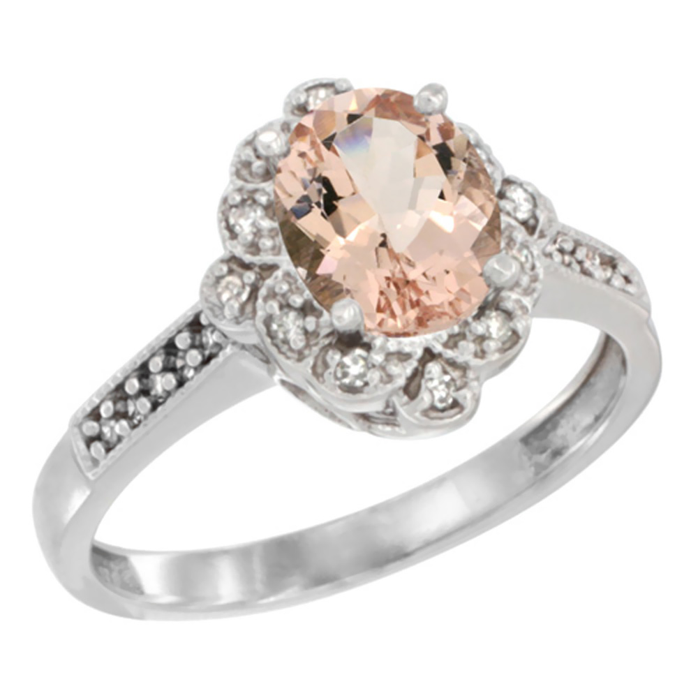 14K White Gold Natural Morganite Ring Oval 8x6 mm Floral Diamond Halo, sizes 5 - 10