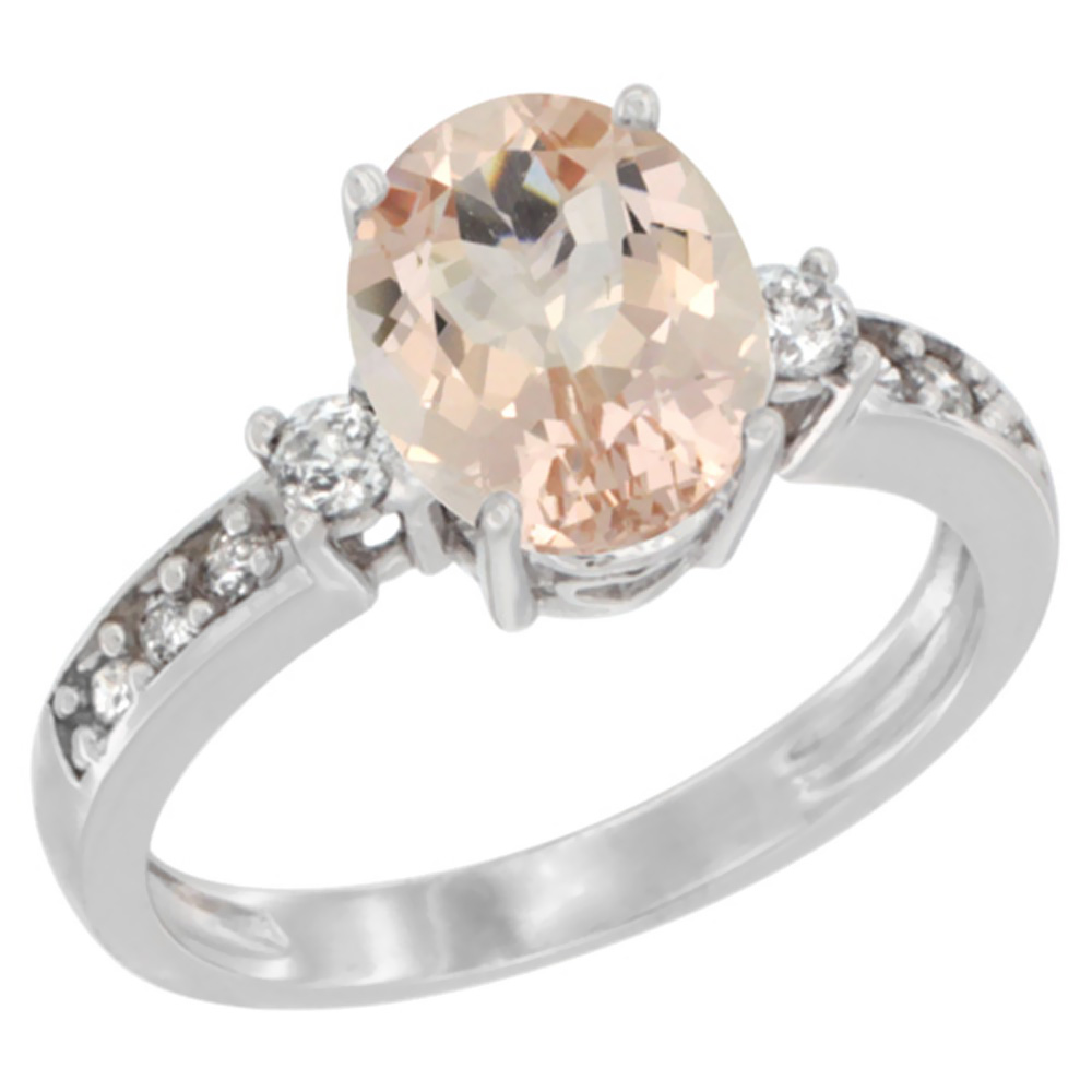 14K White Gold Natural Morganite Ring Oval 9x7 mm Diamond Accent, sizes 5 - 10