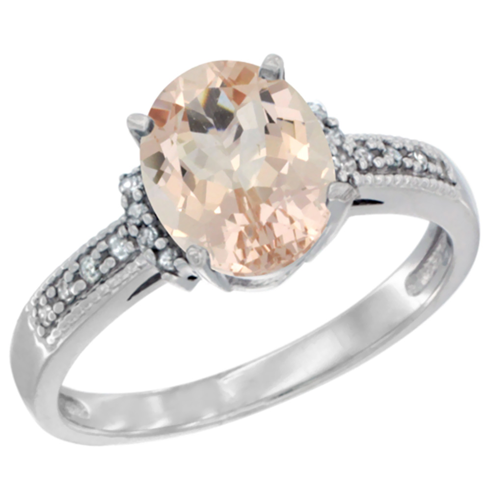 10K White Gold Natural Morganite Ring Oval 9x7 mm Diamond Accent, sizes 5 - 10