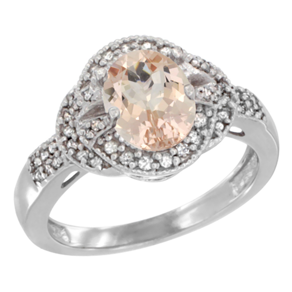 10K White Gold Natural Morganite Ring Oval 8x6 mm Diamond Accent, sizes 5 - 10