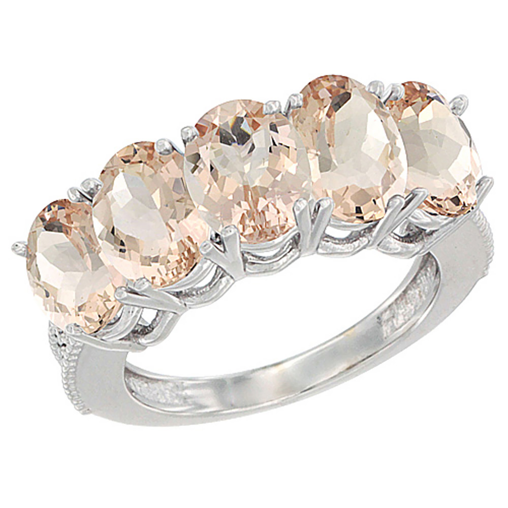 14K White Gold Natural Morganite 0.67 ct. Oval 7x5mm 5-Stone Mother's Ring with Diamond Accents, sizes 5 to 10 with half sizes