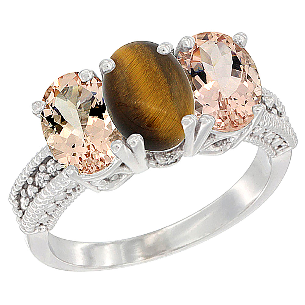 14K White Gold Natural Tiger Eye &amp; Morganite Sides Ring 3-Stone Oval 7x5 mm Diamond Accent, sizes 5 - 10