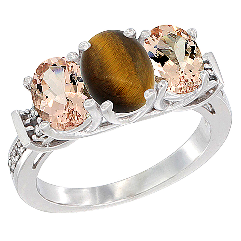 14K White Gold Natural Tiger Eye & Morganite Sides Ring 3-Stone Oval Diamond Accent, sizes 5 - 10
