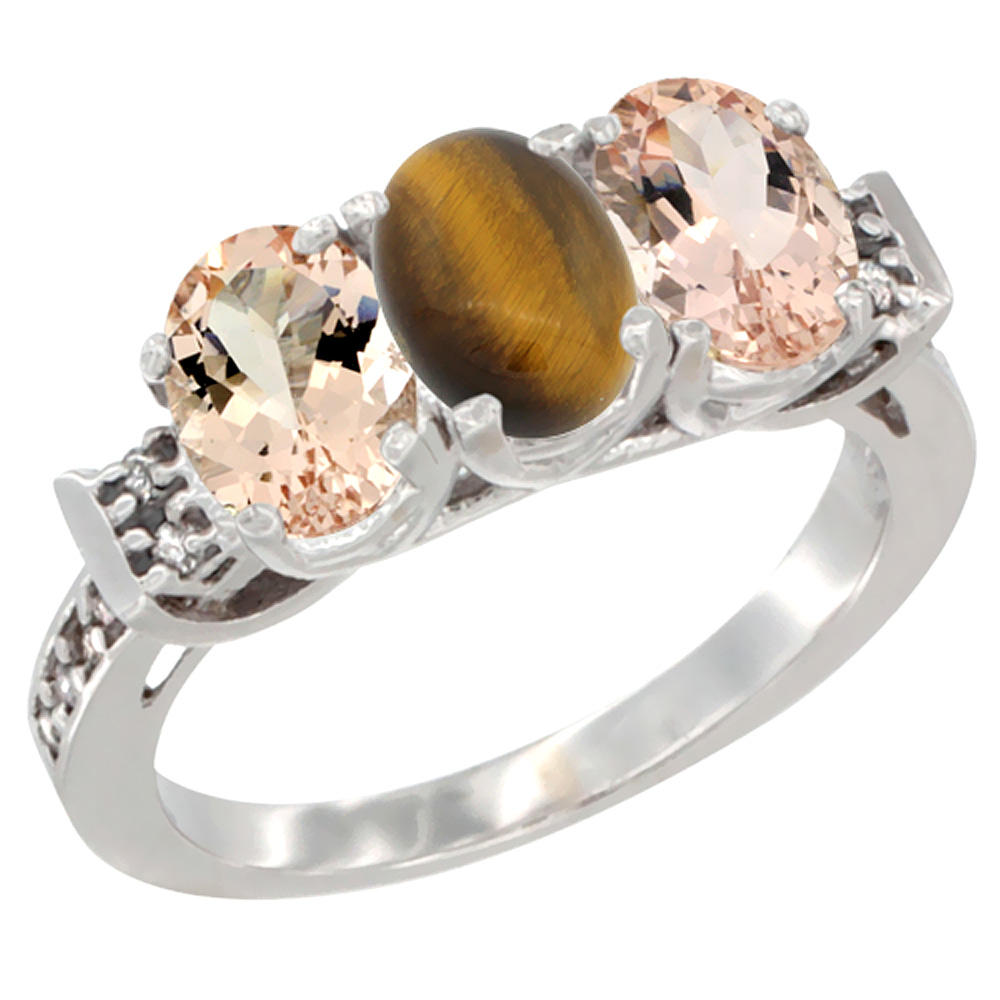 10K White Gold Natural Tiger Eye & Morganite Sides Ring 3-Stone Oval 7x5 mm Diamond Accent, sizes 5 - 10
