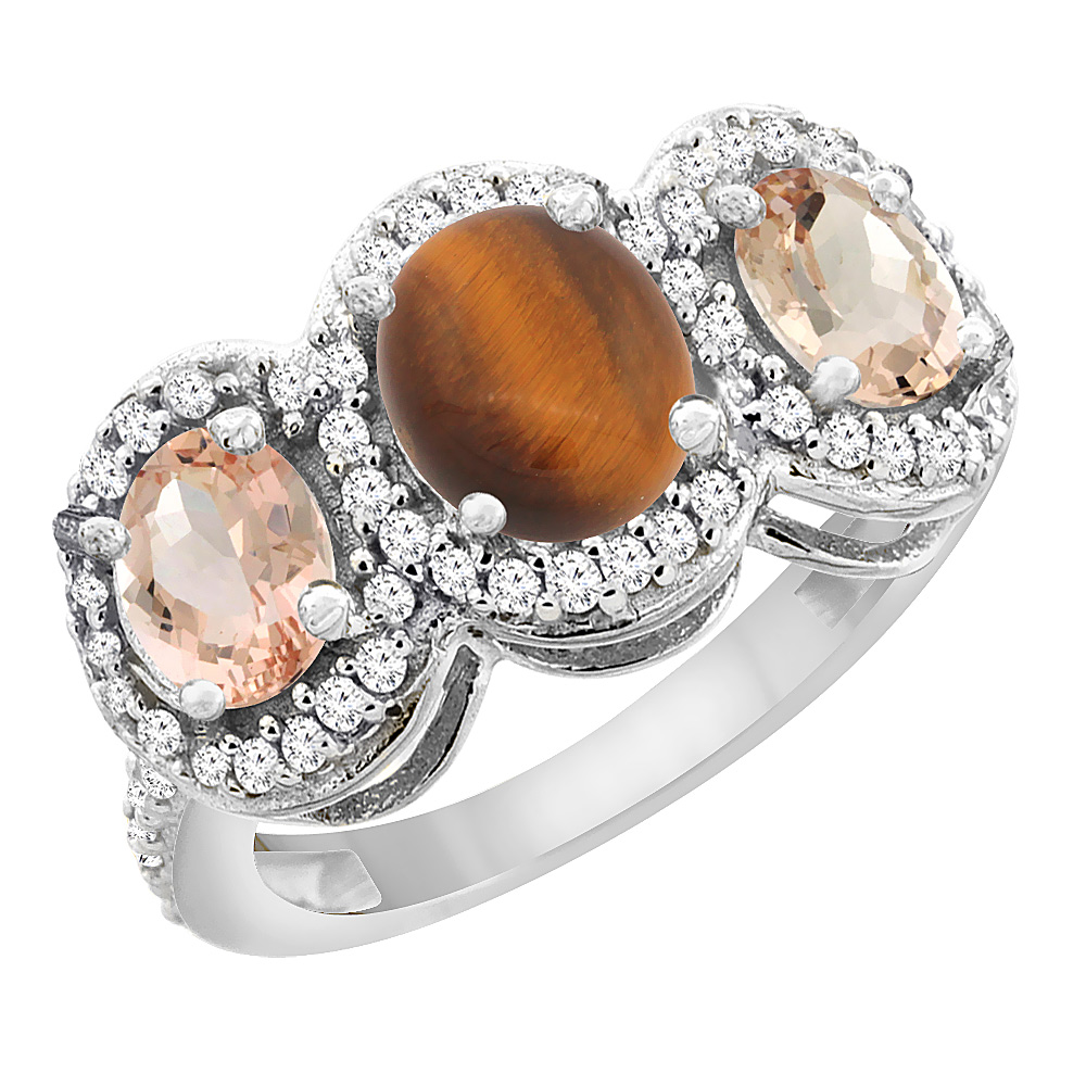14K White Gold Natural Tiger Eye &amp; Morganite 3-Stone Ring Oval Diamond Accent, sizes 5 - 10
