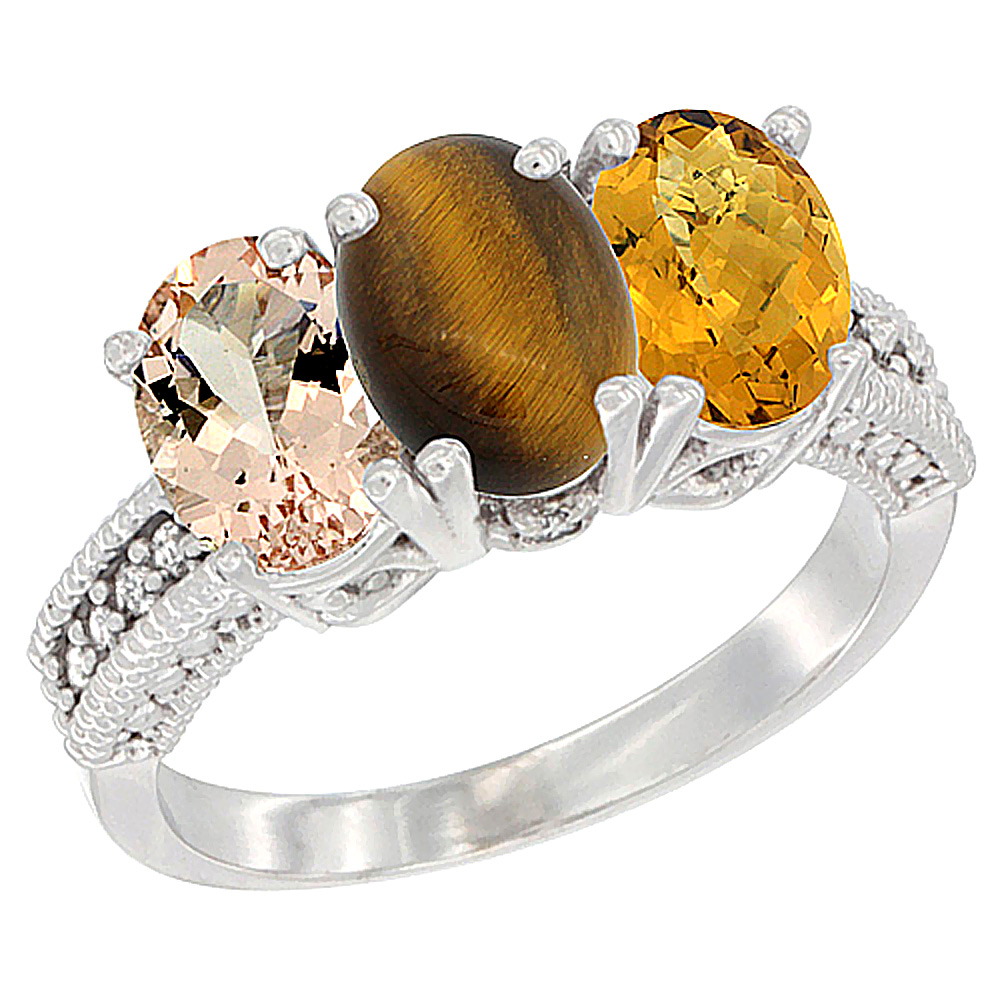 10K White Gold Natural Morganite, Tiger Eye & Whisky Quartz Ring 3-Stone Oval 7x5 mm Diamond Accent, sizes 5 - 10