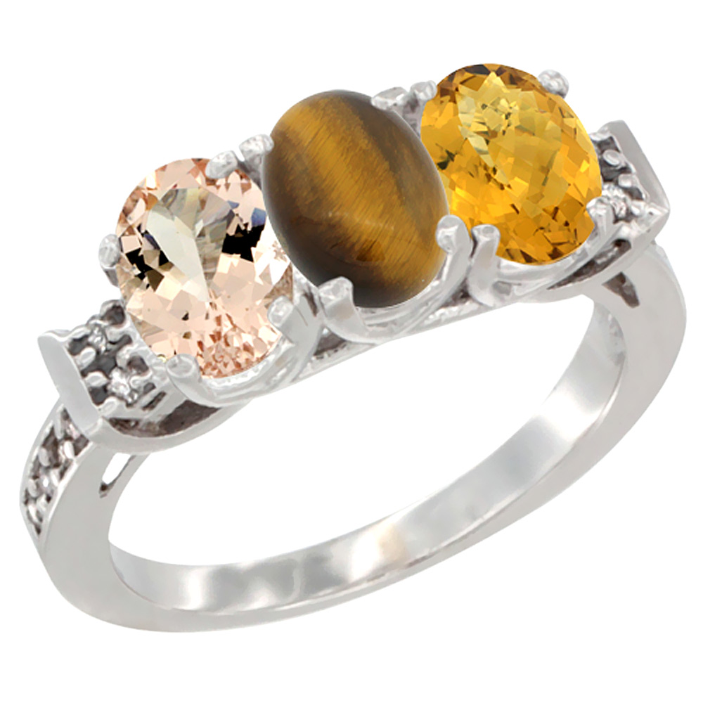 14K White Gold Natural Morganite, Tiger Eye & Whisky Quartz Ring 3-Stone Oval 7x5 mm Diamond Accent, sizes 5 - 10