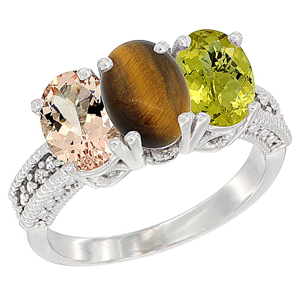 10K White Gold Natural Morganite, Tiger Eye & Lemon Quartz Ring 3-Stone Oval 7x5 mm Diamond Accent, sizes 5 - 10