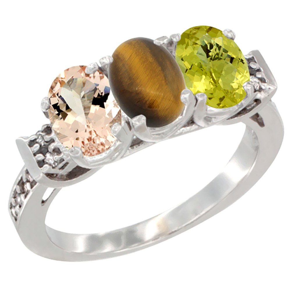 14K White Gold Natural Morganite, Tiger Eye &amp; Lemon Quartz Ring 3-Stone Oval 7x5 mm Diamond Accent, sizes 5 - 10