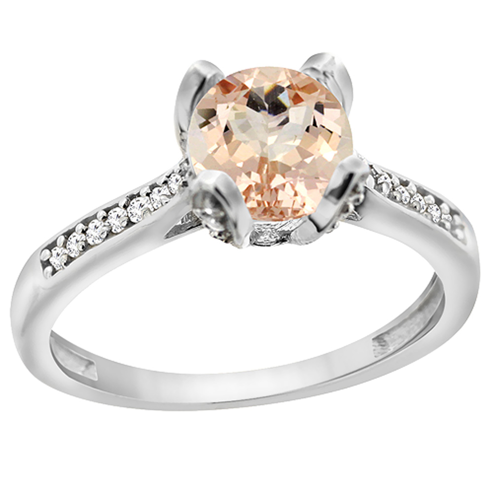 10K Yellow Gold Diamond Natural Morganite Engagement Ring Round 7mm, sizes 5 to 10 with half sizes