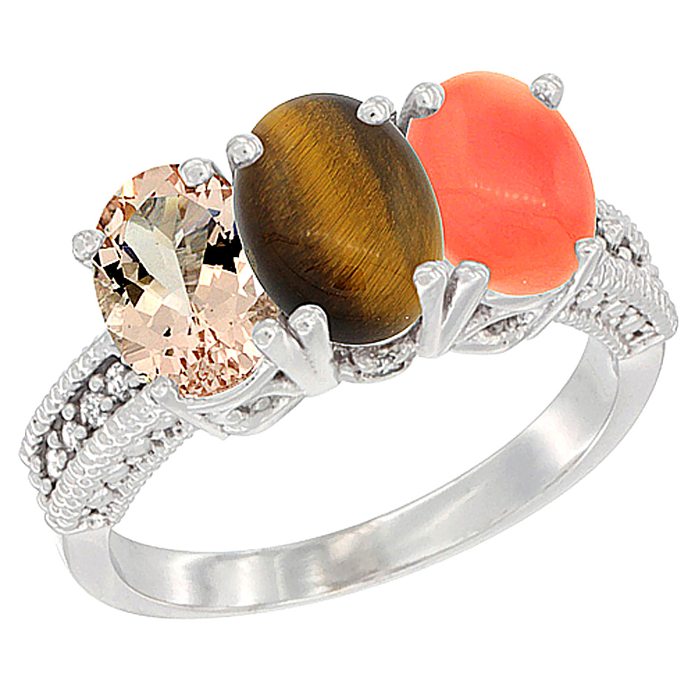 10K White Gold Natural Morganite, Tiger Eye &amp; Coral Ring 3-Stone Oval 7x5 mm Diamond Accent, sizes 5 - 10