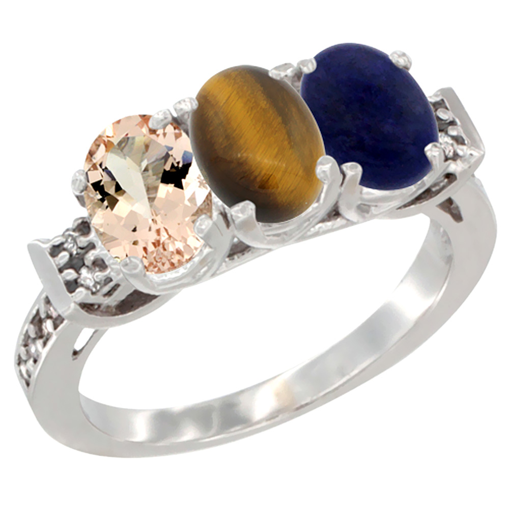 10K White Gold Natural Morganite, Tiger Eye &amp; Lapis Ring 3-Stone Oval 7x5 mm Diamond Accent, sizes 5 - 10