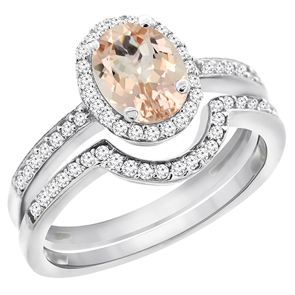 10K White Gold Diamond Natural Morganite 2-Pc. Engagement Ring Set Oval 8x6 mm, sizes 5 - 10