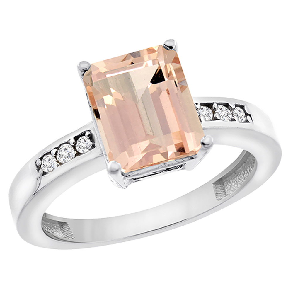 10K White Gold Natural Morganite Octagon 9x7 mm with Diamond Accents, sizes 5 - 10