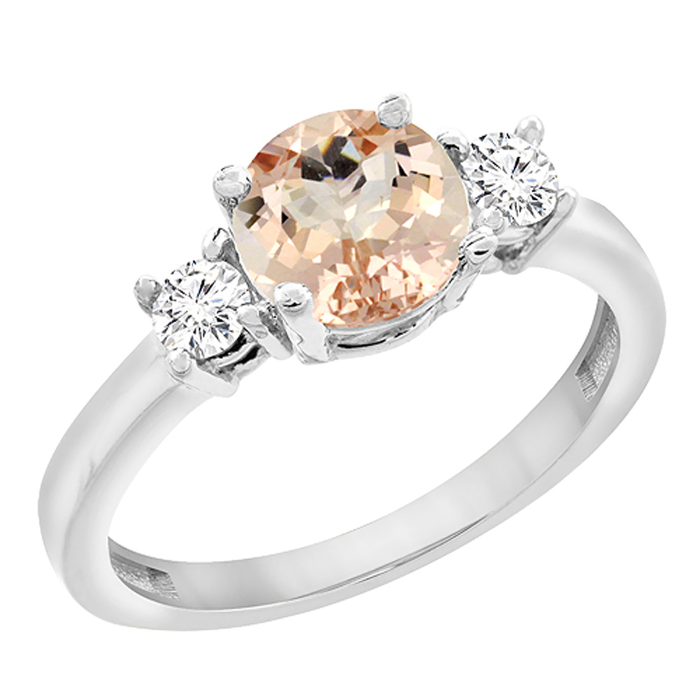 10K White Gold Diamond Natural Morganite Engagement Ring Round 7mm, sizes 5 to 10 with half sizes
