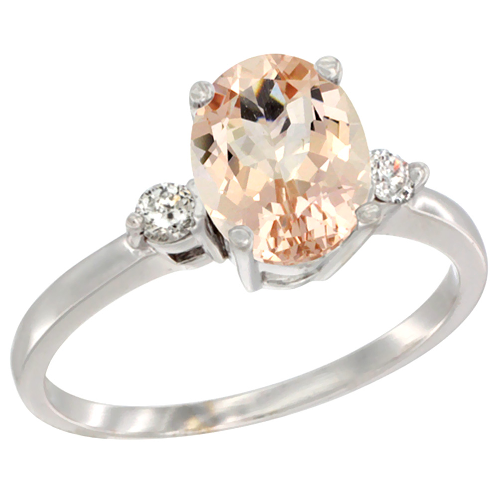 14K White Gold Natural Morganite Ring Oval 9x7 mm Diamond Accent, sizes 5 to 10