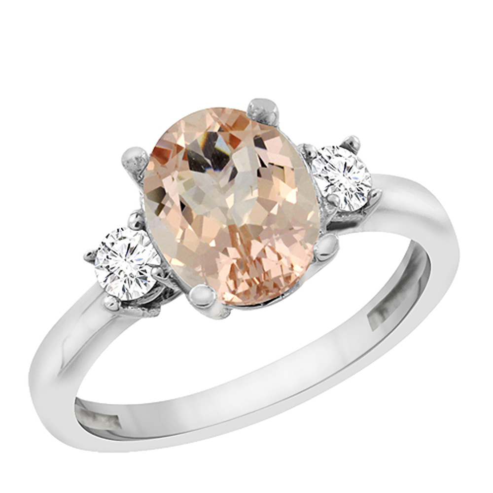 10K White Gold Natural Morganite Engagement Ring Oval 10x8 mm Diamond Sides, sizes 5 - 10