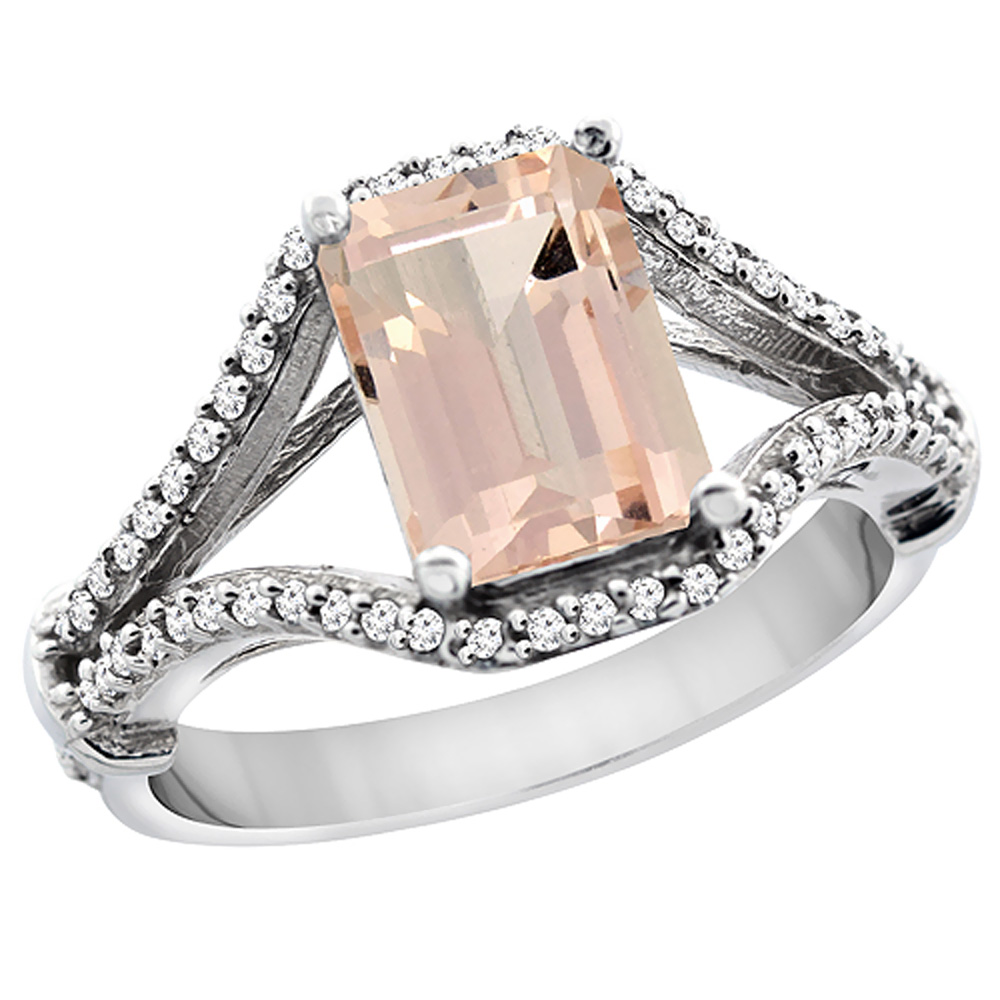 14K White Gold Natural Morganite Ring Octagon 8x6 mm with Diamond Accents, sizes 5 - 10