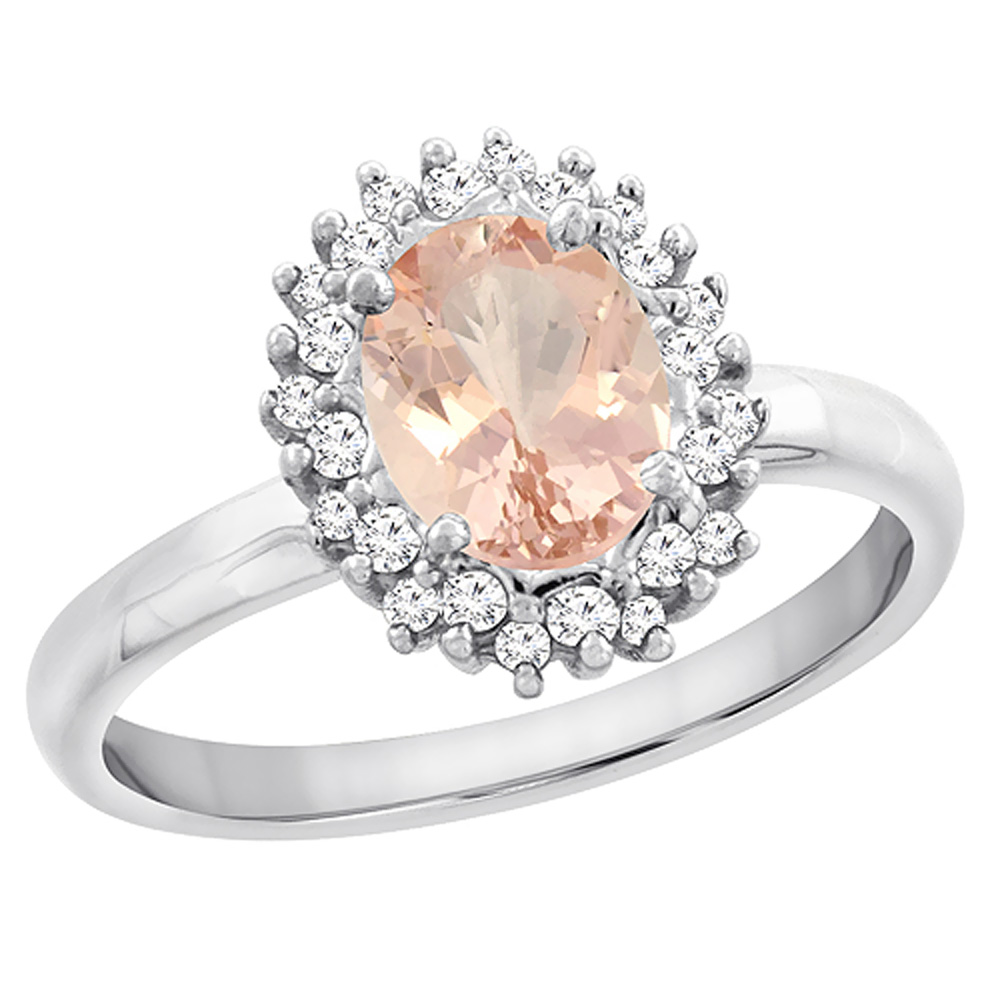 14K White Gold Diamond Natural Morganite Engagement Ring Oval 7x5mm, sizes 5 - 10