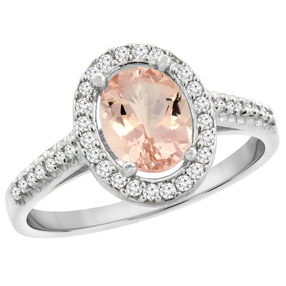 10K White Gold Natural Morganite Engagement Ring Oval 7x5 mm Diamond Halo, sizes 5 - 10