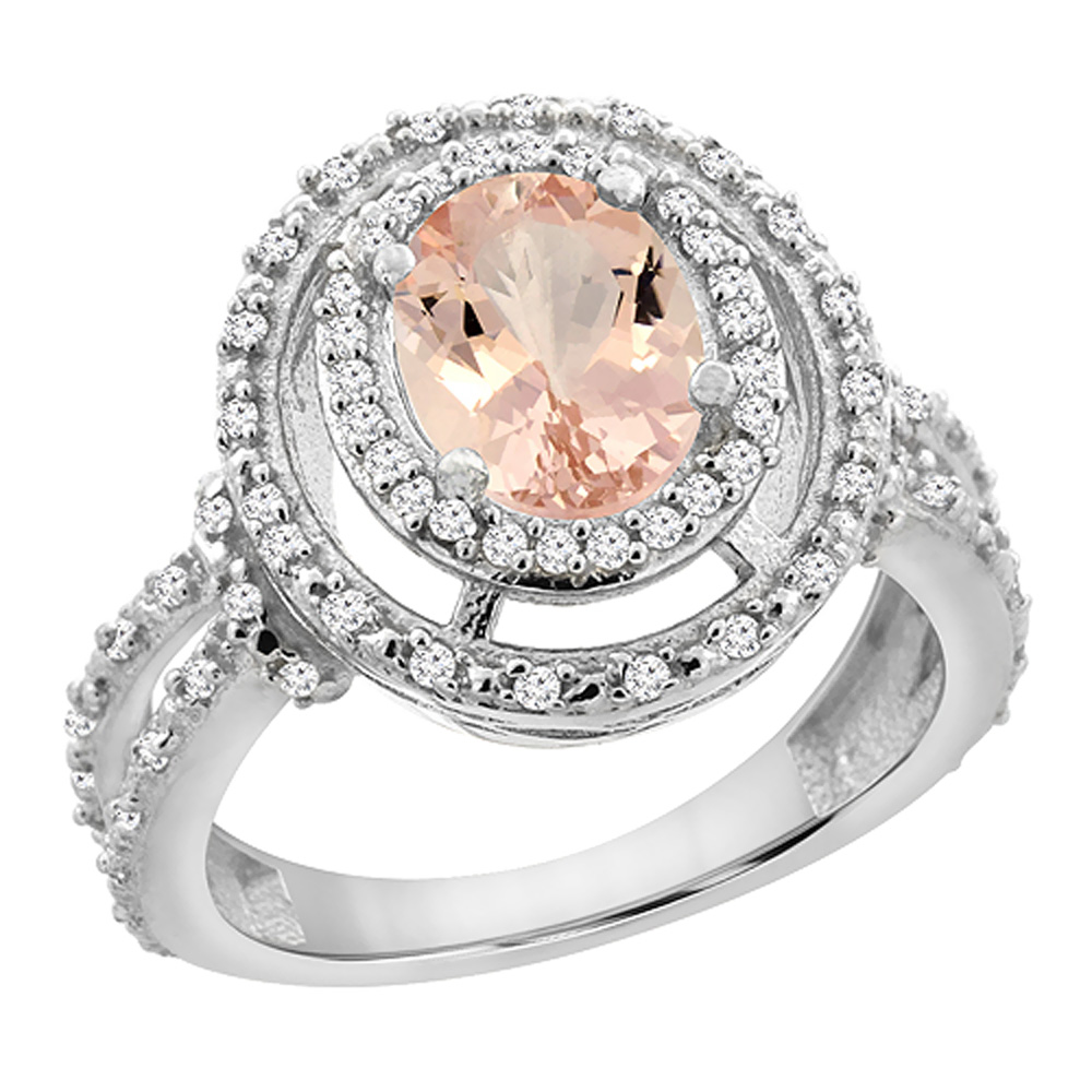 10K White Gold Natural Morganite Ring Oval 8x6 mm Double Halo Diamond, sizes 5 - 10