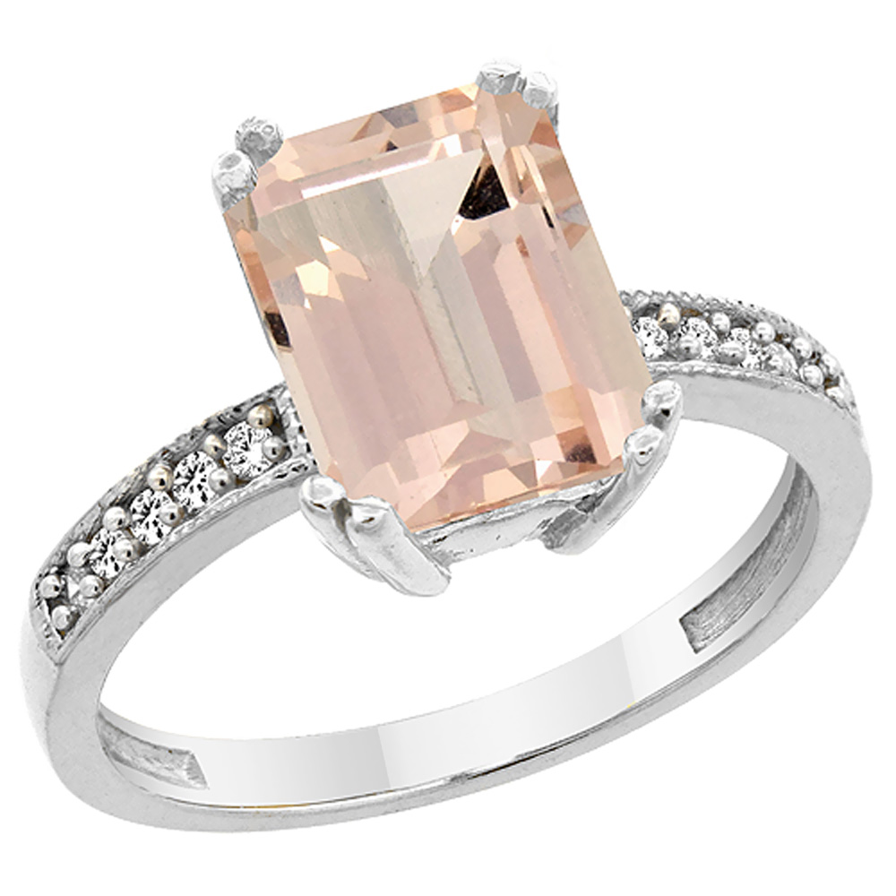 14K White Gold Natural Morganite Ring Octagon 10x8mm Diamond Accent, sizes 5 to 10