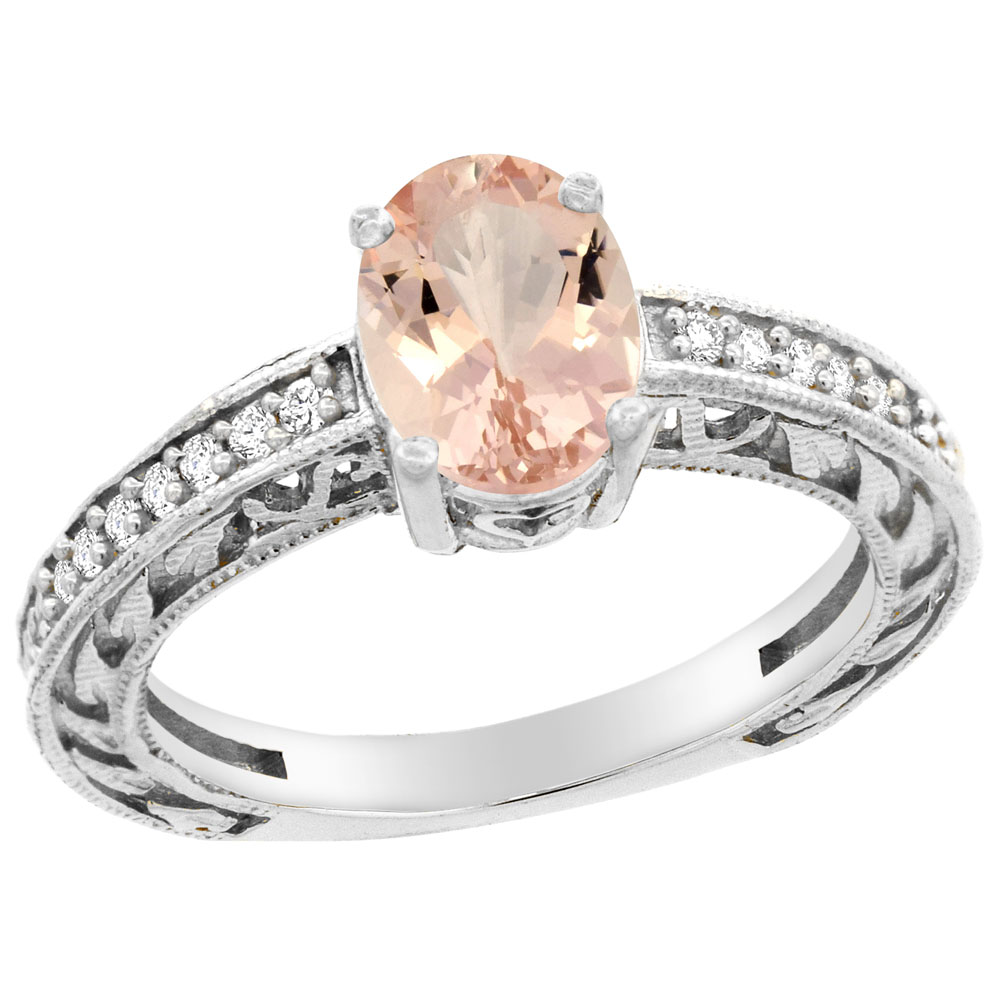 10K Gold Natural Morganite Ring Oval 8x6 mm Diamond Accents, sizes 5 - 10