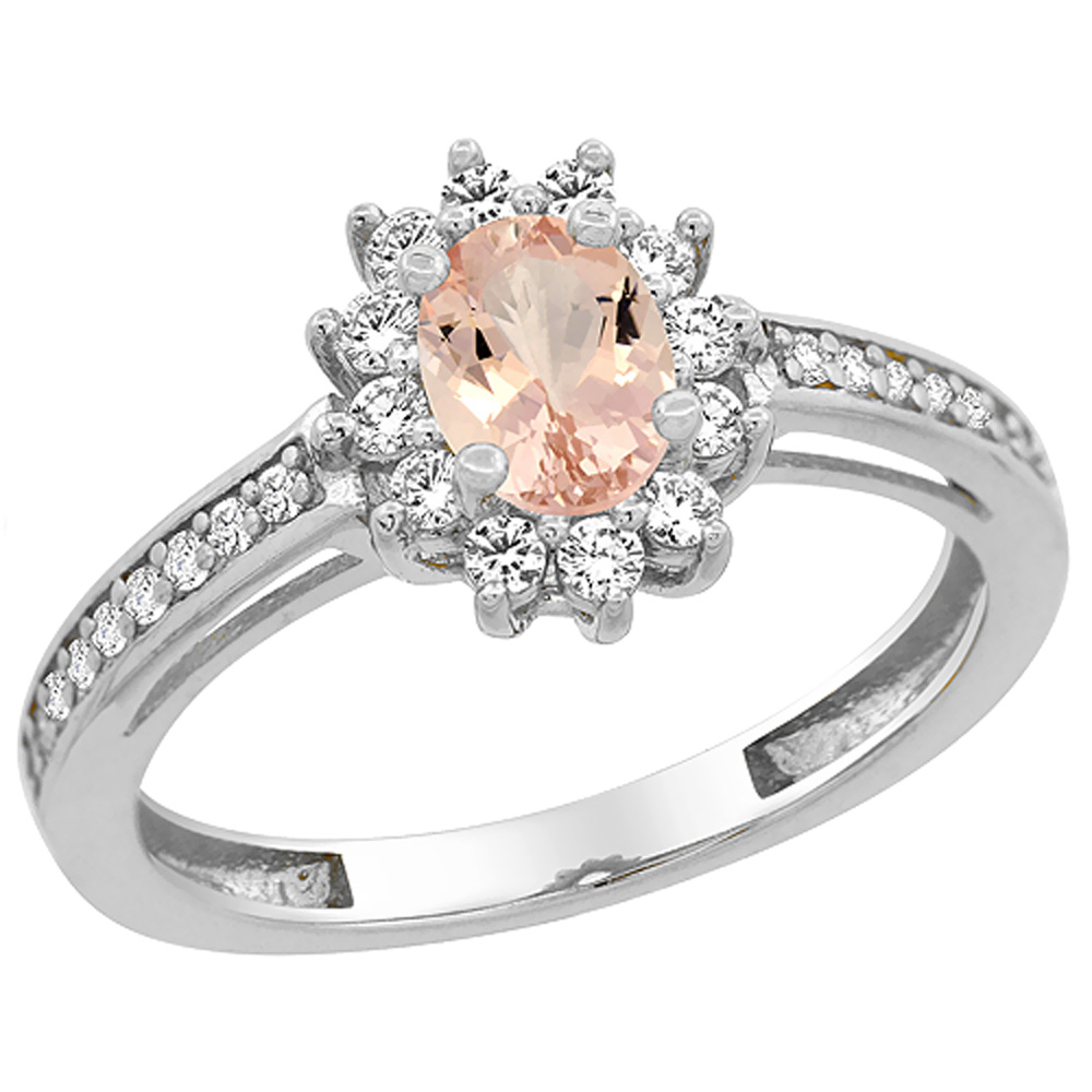 10K White Gold Natural Morganite Flower Halo Ring Oval 6x4 mm Diamond Accents, sizes 5 - 10