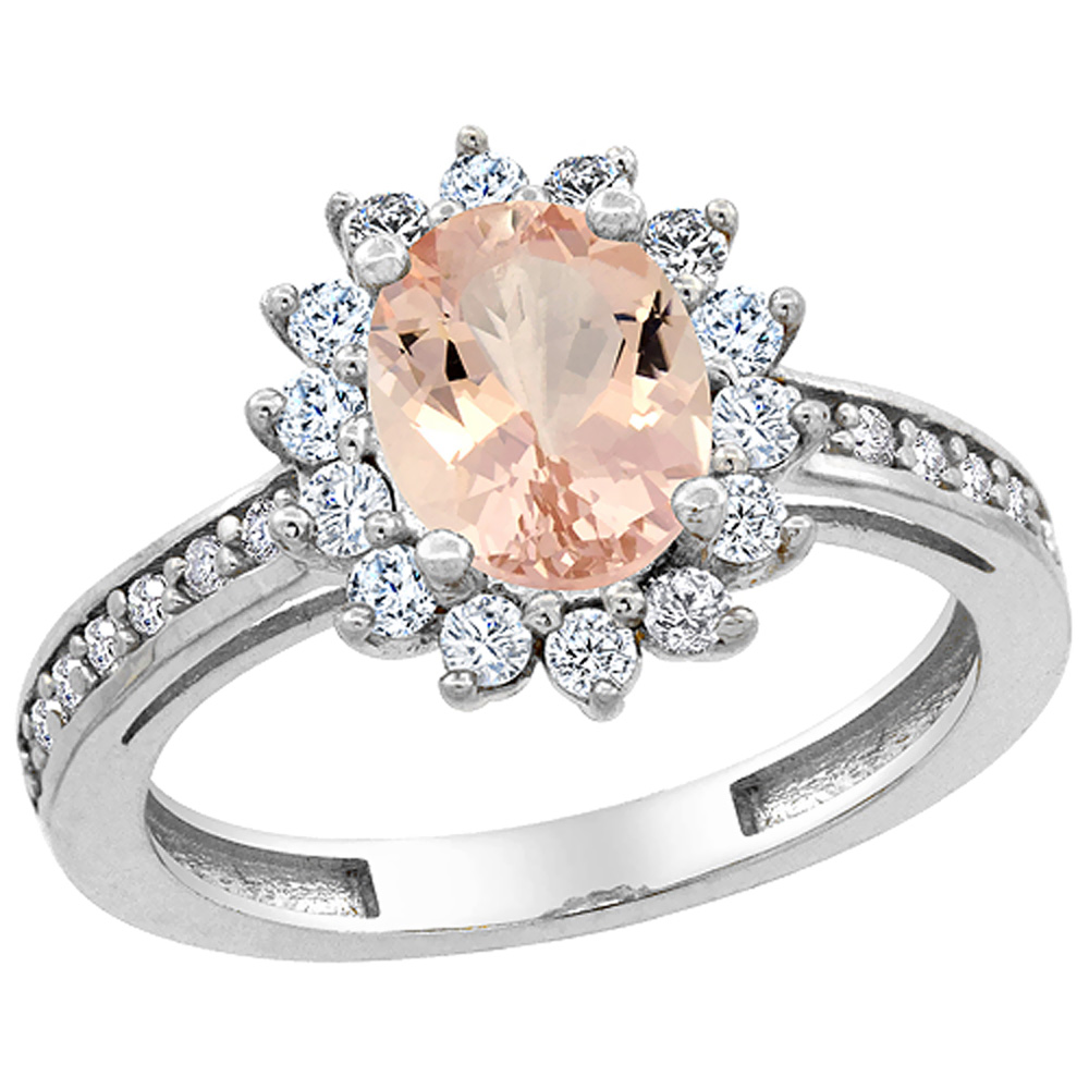 14K White Gold Natural Morganite Floral Halo Ring Oval 8x6mm Diamond Accents, sizes 5 - 10