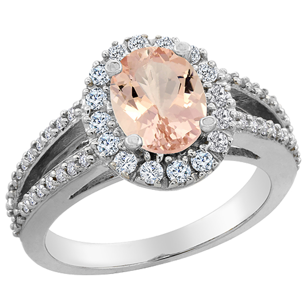 14K White Gold Natural Morganite Halo Ring Oval 8x6 mm with Diamond Accents, sizes 5 - 10