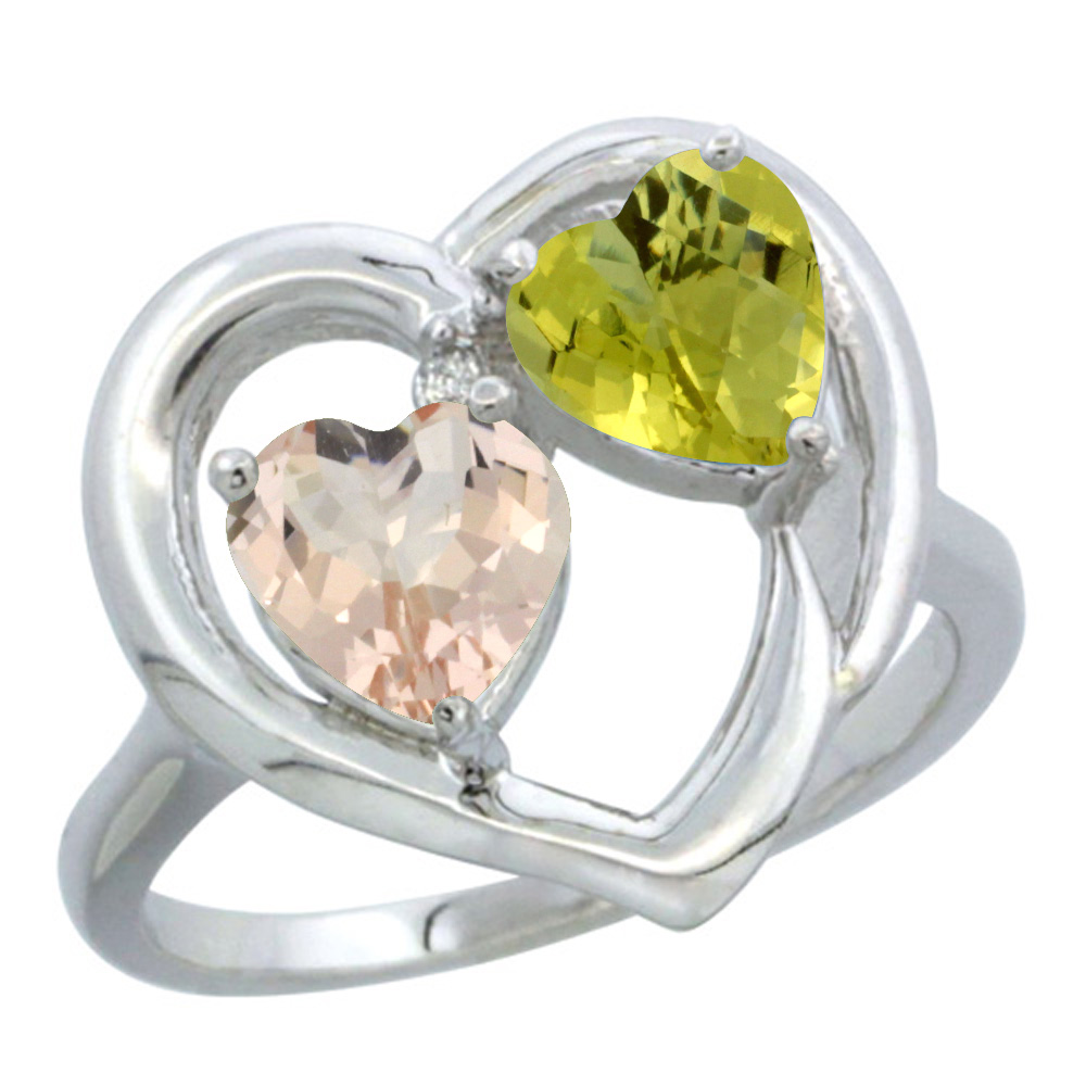 10K White Gold Diamond Two-stone Heart Ring 6mm Natural Morganite &amp; Lemon Quartz, sizes 5-10