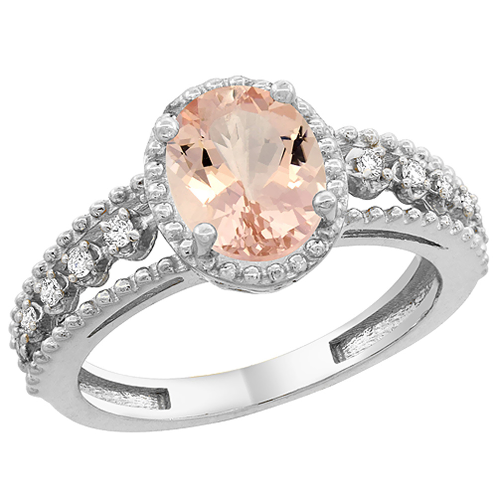 10K White Gold Natural Morganite Ring Oval 9x7 mm Floating Diamond Accents, sizes 5 - 10