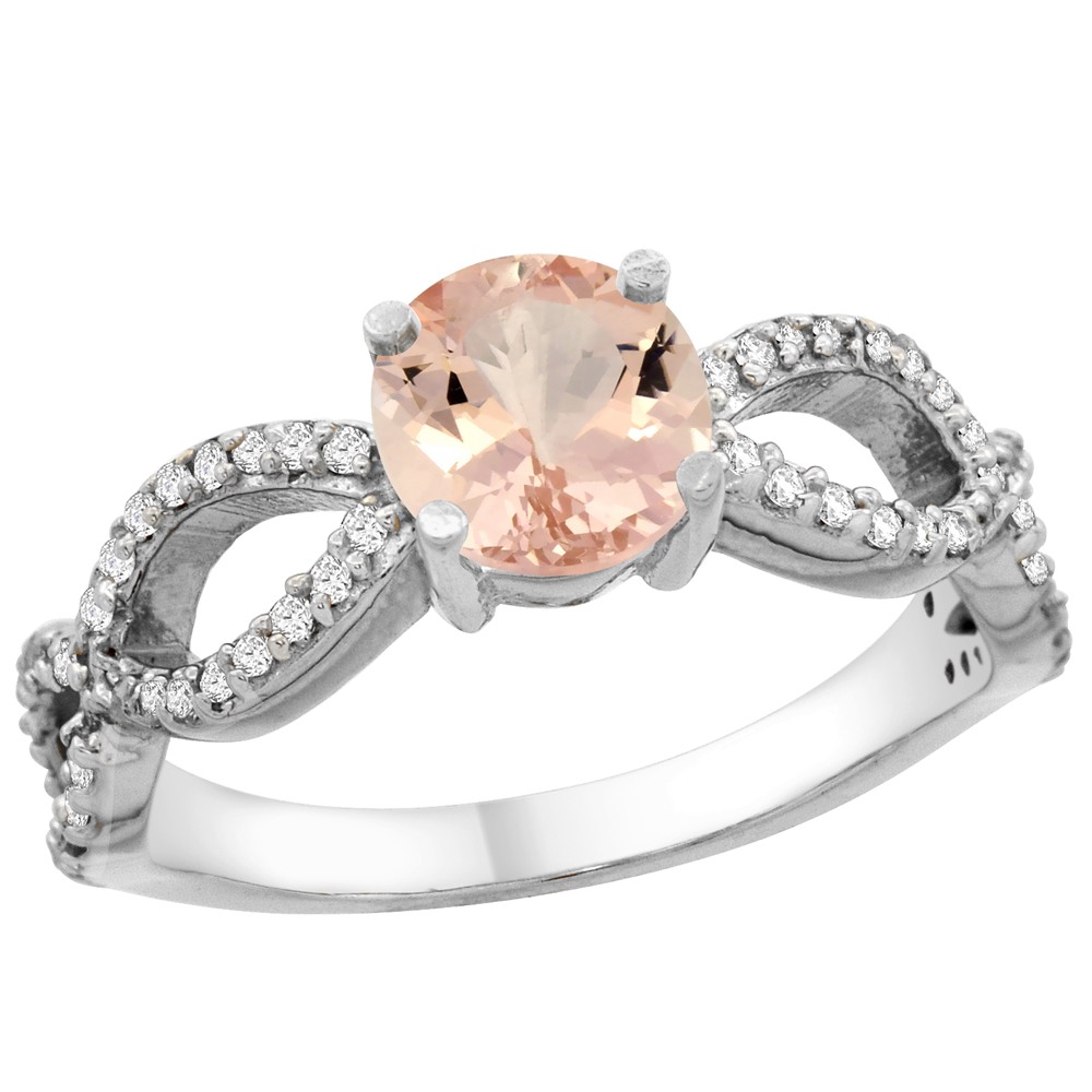 10K White Gold Natural Morganite Ring Round 6mm Infinity Diamond Accents, sizes 5 - 10