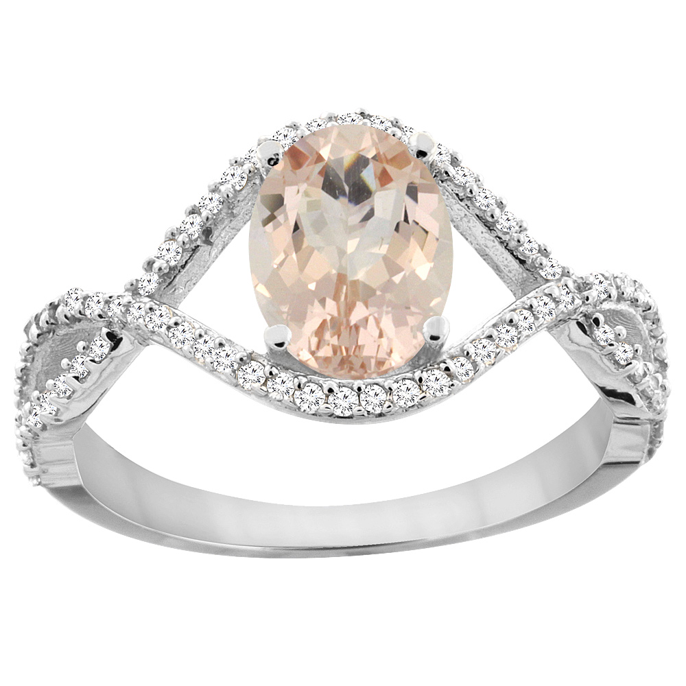 10K White Gold Natural Morganite Ring Oval 8x6 mm Infinity Diamond Accents, sizes 5 - 10