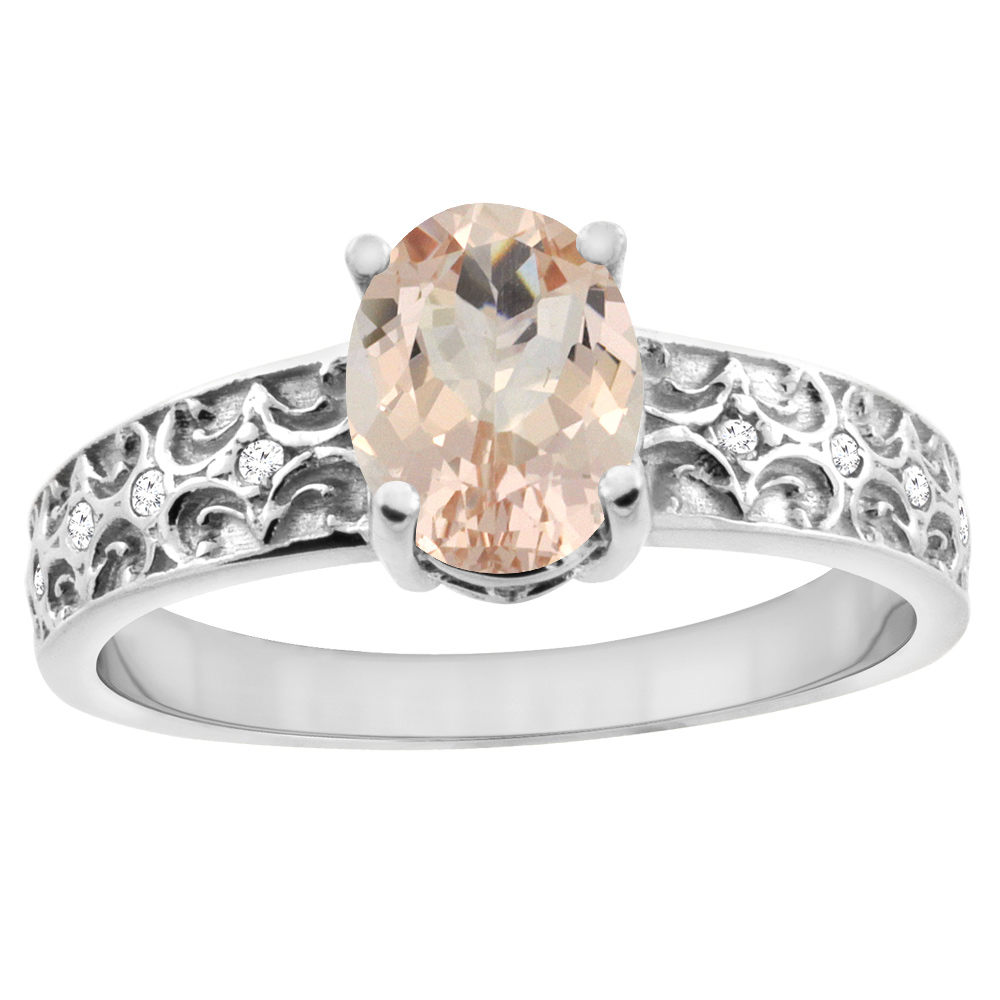 14K White Gold Natural Morganite Ring Oval 8x6 mm Diamond Accents, sizes 5 - 10