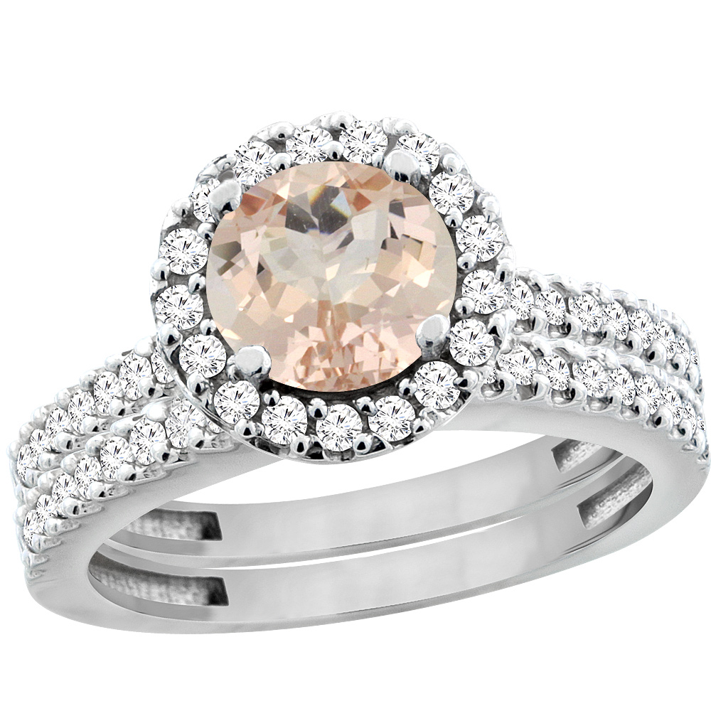 10K White Gold Natural Morganite Round 6mm 2-Piece Engagement Ring Set Floating Halo Diamond, sizes 5 - 10