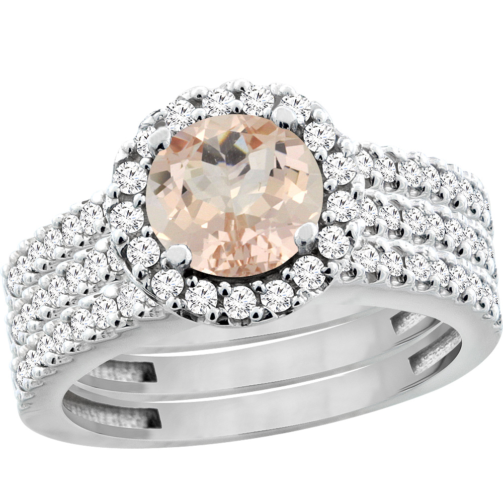 14K White Gold Natural Morganite 3-Piece Bridal Ring Set Round 6mm Halo Diamond, sizes 5 - 10