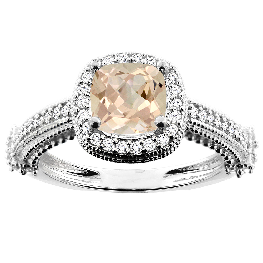14K White/Yellow/Rose Gold Natural Morganite Ring Cushion 7x7mm Diamond Accent 7/16 inch wide, size 5