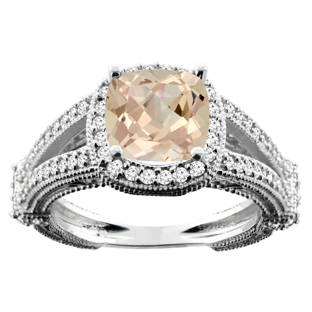 10K White/Yellow/Rose Gold Natural Morganite Cushion 8x8mm Diamond Accent 3/8 inch wide, size 5