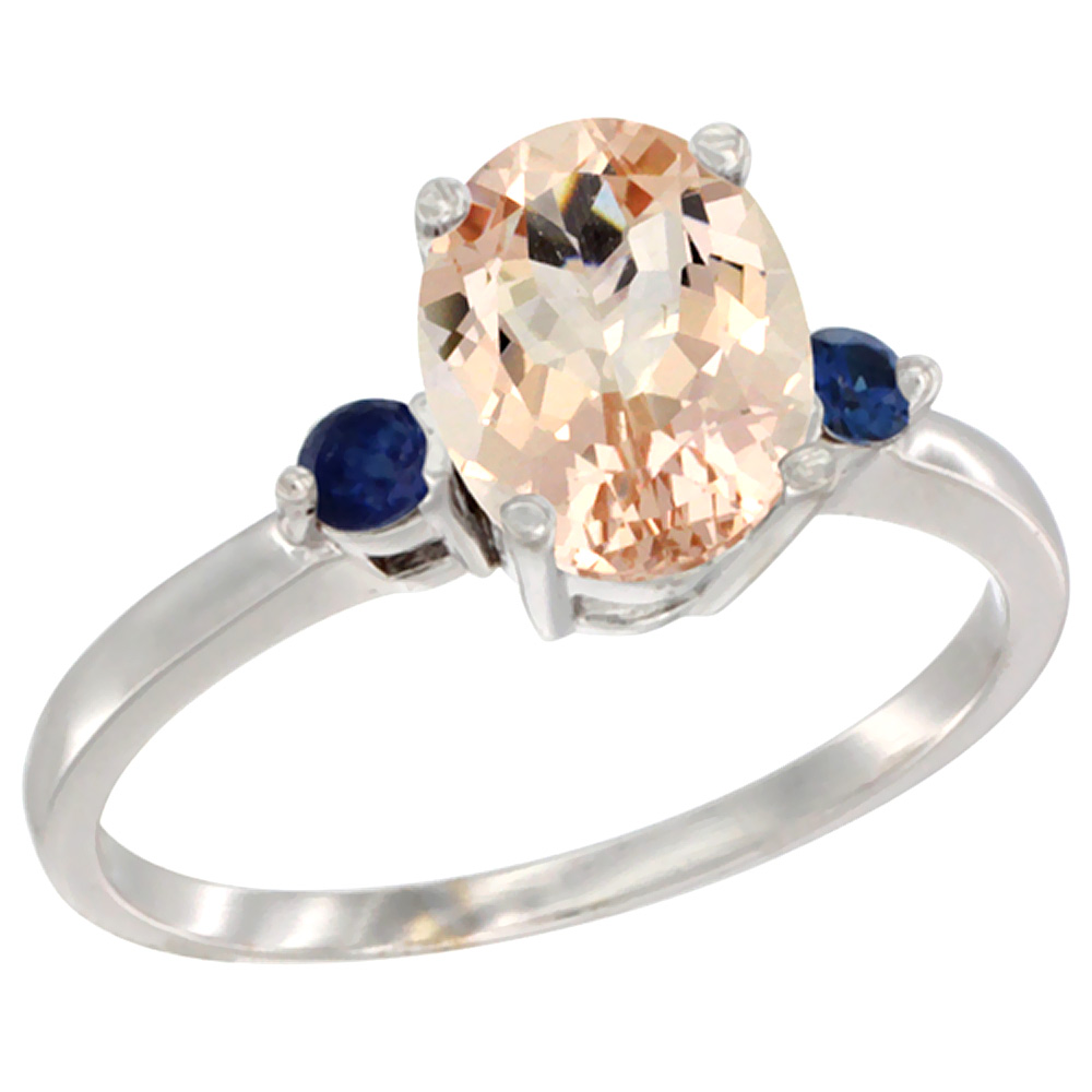 14K White Gold Natural Morganite Ring Oval 9x7 mm Blue Sapphire Accent, sizes 5 to 10