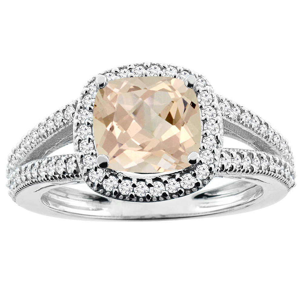 10K White Gold Natural Morganite Ring Cushion 7x7mm Diamond Accent 3/8 inch wide, sizes 5 - 10