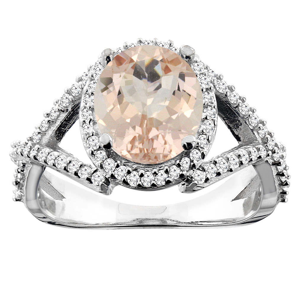 10K White/Yellow/Rose Gold Natural Morganite Ring Oval 9x7mm Diamond Accent, sizes 5 - 10