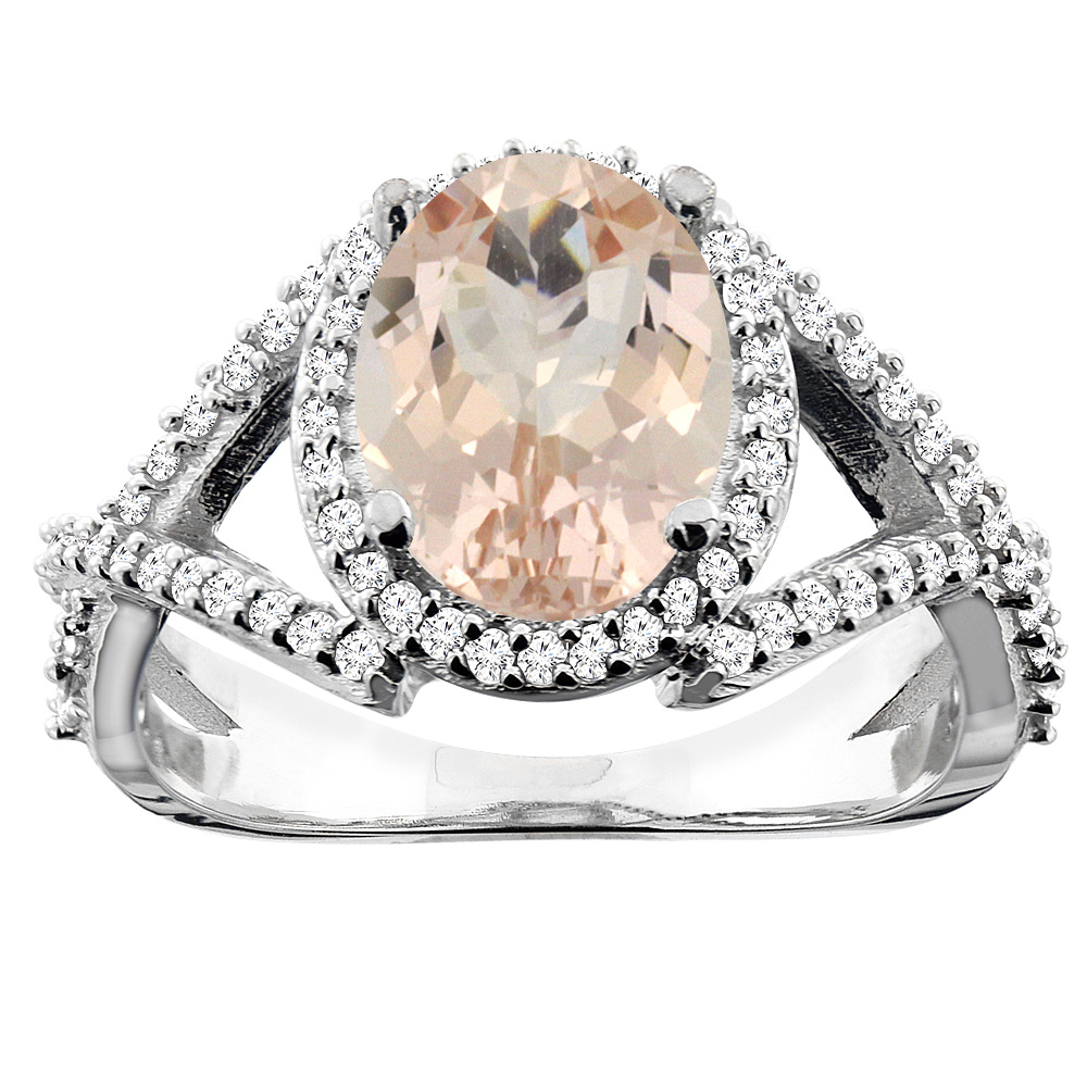 14K White/Yellow/Rose Gold Natural Morganite Ring Oval 10x8mm Diamond Accent, sizes 5 - 10
